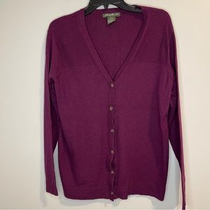 Eddie Bauer Cardigan Lambswool blend Plum Purple XL EUC